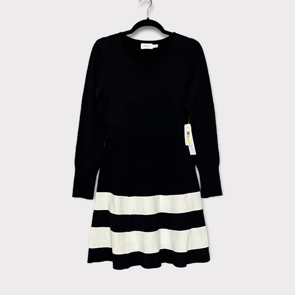 Eliza J Dresses & Skirts - ELIZA J Long Sleeve Dress Size Medium Black White Fit and Flare Striped NWT